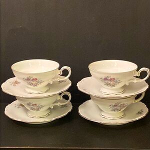 Crown Bavaria Germany 4 Sets of 2 Porcelain Teacups & Saucers "Bouquet" Pattern